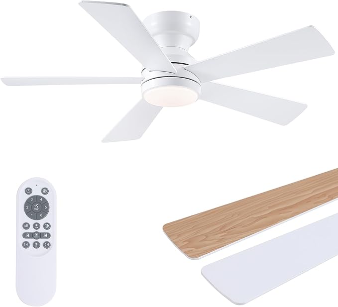 46" Flush Mount Ceiling Fan with Lights - White Modern Fan Light with Reversible Mute Motor, 3CCT Dimmable, Wind Speeds Adjustable, Low Profile Light Fixure for Indoor Use, Bedroom