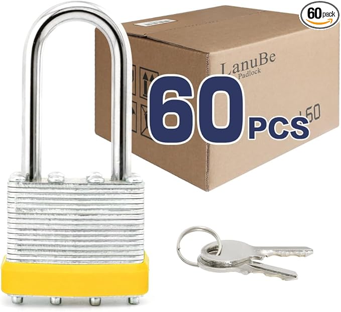 LanuBe Lock Laminated Steel Padlock (1-9/16", 40mm), keyed Alike Locks, Long Shackle,Marked Yellow Plastic Hoop, Pack of 60