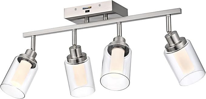 4-Light LED 5-Color Temperature Track Lighting Fixtures in Brushed Nickel, Ceiling Spotlight Bathroom Wall Lighting with Integrated LED Chips & Clear Glass Shade & Frosted Column