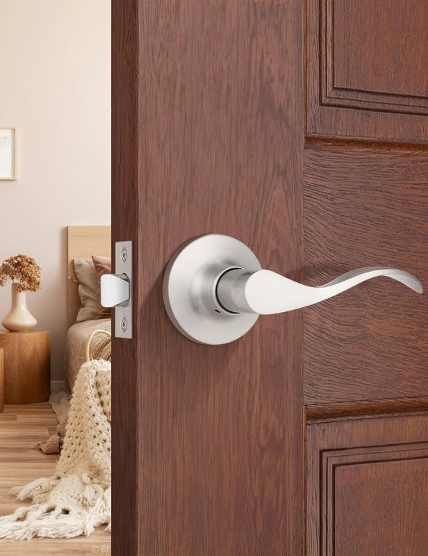 Mengico 1 Pack Satin Nickel Modern Interior Passage Door Knobs, Keyless Door Handle for Hallway & Closet, Wave Style Non-Locking Door Lever Reversible for Left & Right Handed
