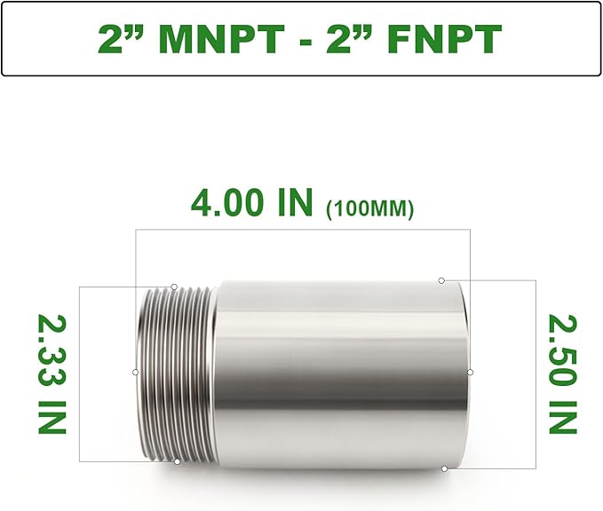 TAISHER 1PCS Stainless Steel Pipe Fittings, 2" NPT Male x 2" NPT Female Threaded, 4" Length Nipple Cast Pipe