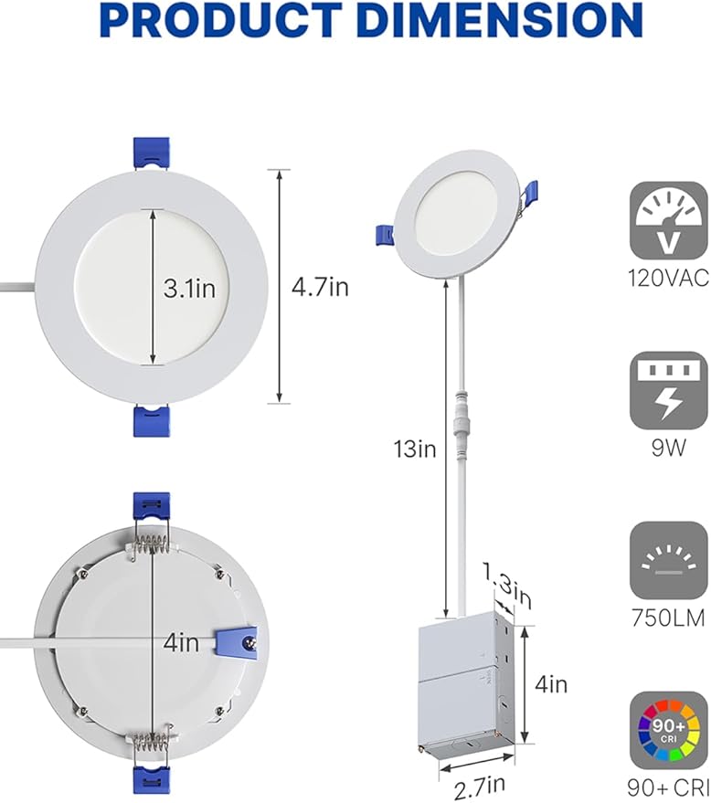 12 Pack 4 Inch LED Recessed Ceiling Light| 5CCT Dimmable 2700K-5000K| RA90 750LM 9W 120V| Ultra-Thin High Brightness Canless Wafer Downlight with Junction Box| IC ETL FCC Certification