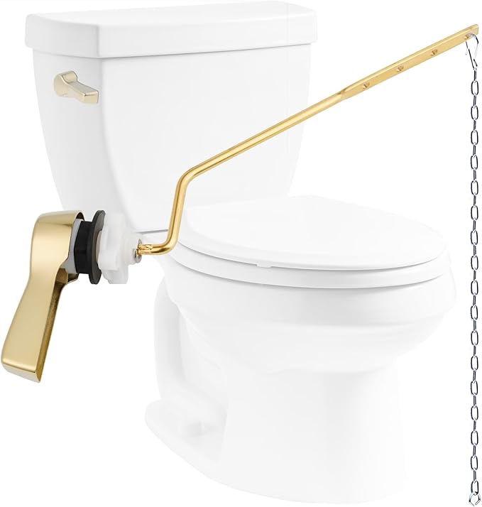 Hibbent Universal Metal Side Mount Toilet Handle Replacement Kit, Brass Toilet Flush Tank Lever with Stainless Steel Flapper Chains for Most Toilets, Shiny Gold