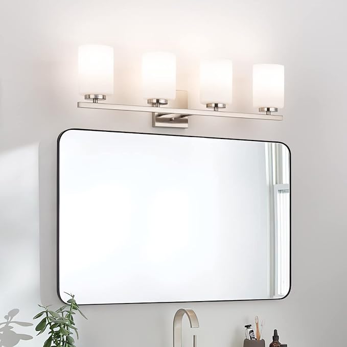 mirrea 28in 4-Light Modern Bathroom Vanity Light with Etched White Glass Shades Brushed Nickel Finished Light Fixture