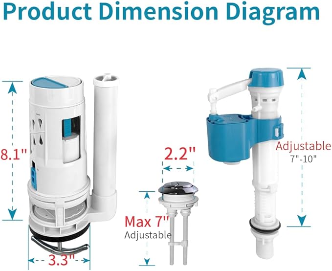 2-Inch Dual Flush Valve Replacement Kit for One-Piece Toilets - Includes 2.2" Threaded Button, 8.2" Flush Valve & Fill Valve - Fits 10-13.5" Tanks with 2.56-2.76" Drain Holes