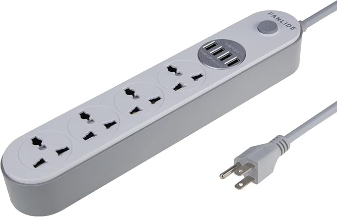 Universal Power Strip with USB Ports, 4 Outlets 4 Smart USB (5V 3.4A 17W), 6.5ft Power Cord, 2500W Circuit Breaker, Child Safe Door, for Cruise Ship,Dorm Room Multi Plug Extender