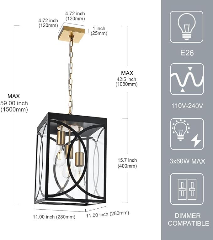 Outdoor Pendant Light Fixtures, Modern 3-Lights Exterior Hanging Lantern Clear Glass Panel, Black Large Outdoor Chandelier for Porch Patio Front Door