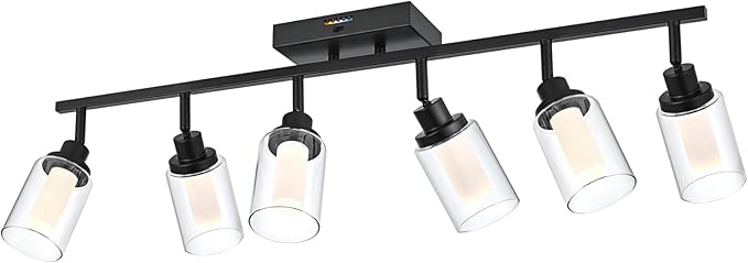 6-Light LED Black Dimmable Track Lighting Kit, 5-Color Temperature Ceiling Spotlight Bathroom Vanity Lighting with Integrated LED Chips & Clear Glass Shade & Frosted Column