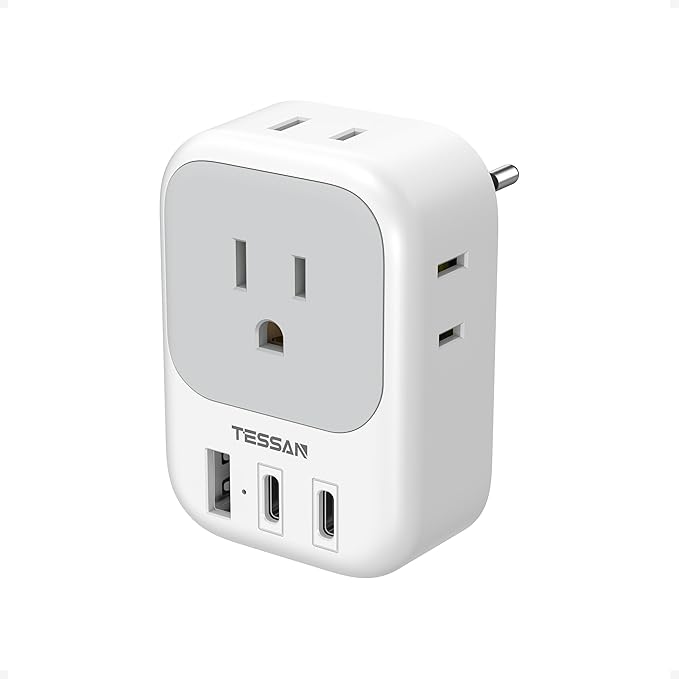 TESSAN European Travel Plug Adapter, Type C Power Adaptor with 4 AC Outlets 3 USB Ports (2 USB C), Europe Outlet Adapter for USA to EU Euro International Italy Iceland Spain France Greece Germany