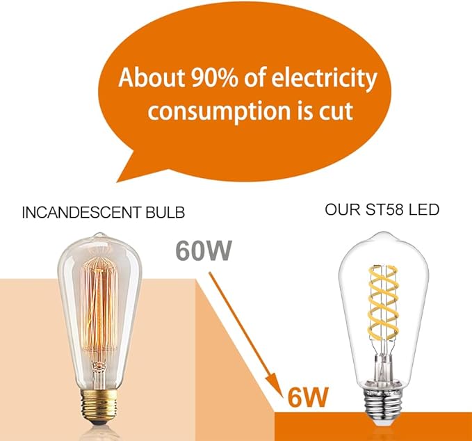 6 PCS Dimmable Vintage LED Edison Bulbs, 6W Equivalent 60 Watt, Natural White 4000K, Antique Flexible Spiral LED Filament Light Bulb, ST58 (ST19), 600 Lumens, E26 Base, Clear Plastic