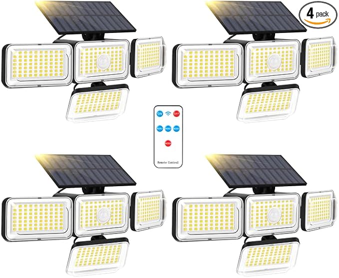 Mokot Solar Lights Outdoor, 288 LED 2800LM Motion Sensor Outdoor Light with Remote Control, 4 Heads IP65 Waterproof Solar Flood Security Lights for Outside Patio Wall - 4Pack