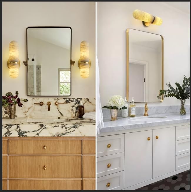 Alabaster Wall Sconces Set of Two, 13in Brass Alabaster Sconce, Modern Spanish Natural Marble Sconces Lights, Gold Sconces for Bathroom Vanity Bedroom Living Room Staircases Hallway