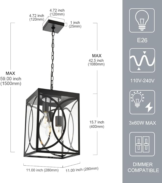 Outdoor Pendant Light Fixture, 3-Light Black Large Exterior Hanging Lantern with Clear Glass, Metal Outdoor Chandelier Porch Lighting for Front Porch Entrance