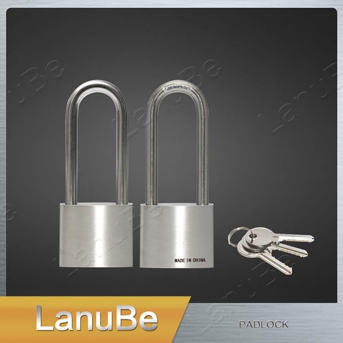 LanuBe 304 Stainless Steel Keyed Alike Padlocks for Outdoor use, Pin Tumbler Padlock, 2 inch Wide Body, Stainless Steel Body Long Shackle, Pack of 2