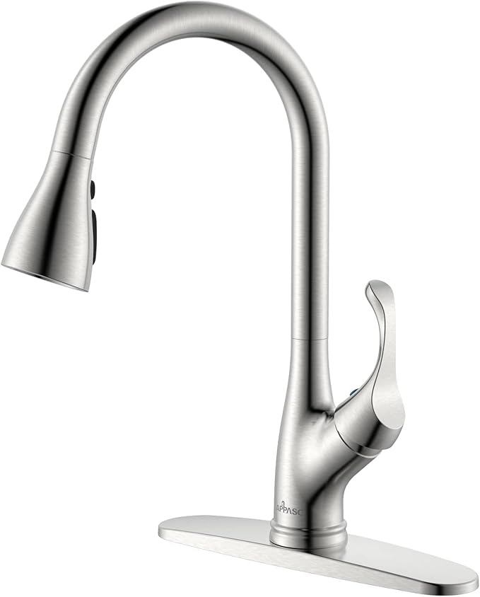 APPASO Pull Down Kitchen Faucet with Sprayer Stainless Steel Brushed Nickel - Single Handle Commercial High Arc Pull Out Spray Head Kitchen Sink Faucets with Deck Plate, Llave para Fregadero de Cocina
