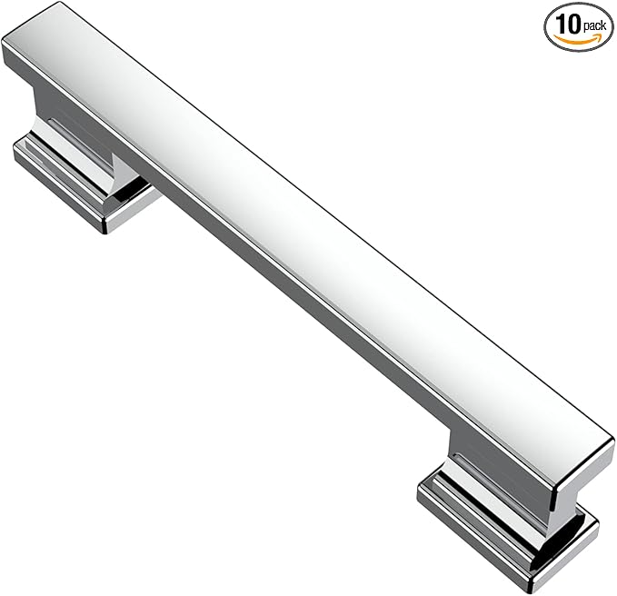 Alzassbg 10 Pack Polished Chrome Cabinet Pulls, 3-3/4 Inch(96mm) Hole Centers Kitchen Cabinet Handles for Cabinets and Drawers AL3061CP