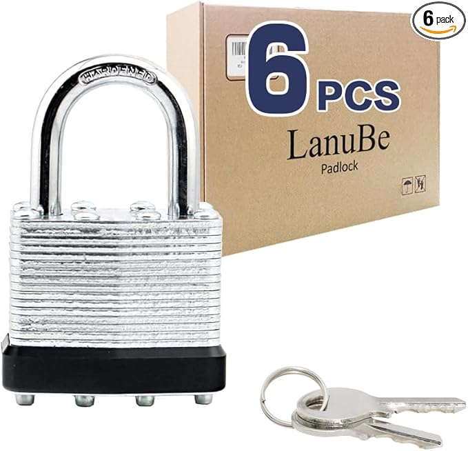 LanuBe Lock Laminated keyed Padlock (1-9/16", 40mm), keyed Alike Locks, Normal Shackle,Marked Black Plastic Hoop, Pack of 6…