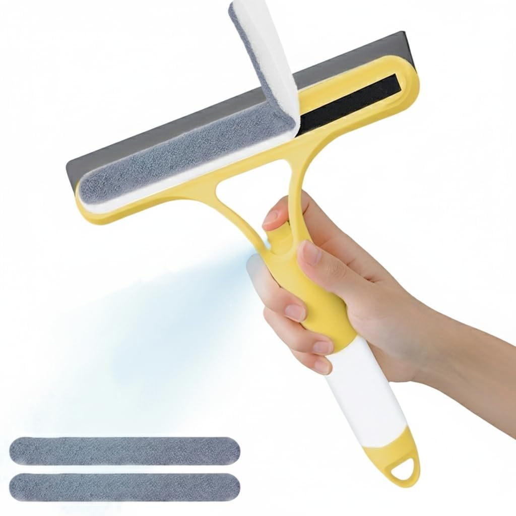 3 in 1 Window Cleaning Scraper, with 2 Replaceable Cleaning Cotton Strips 3 in 1 Spray Squeegee, Window Squeegee, Suitable for Cleaning Bathroom Glass, Mirrors, Car Windows (Yellow)