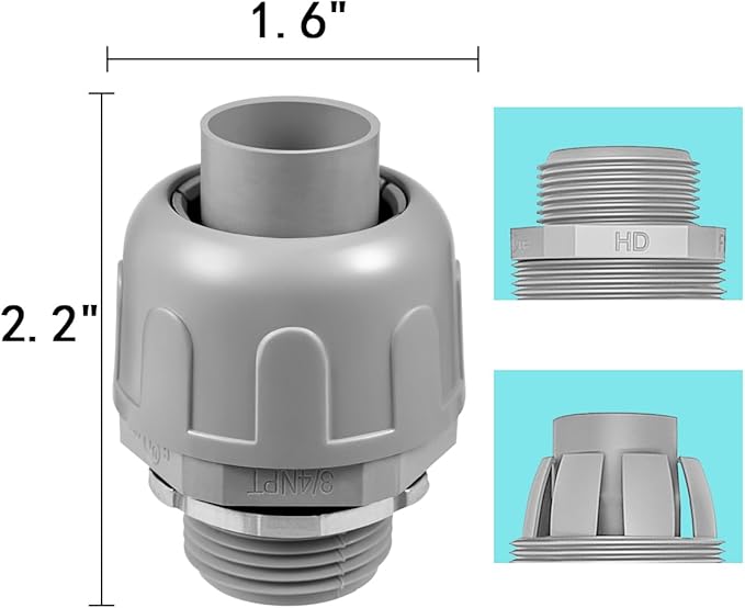 32-Pack 3/4 Inch Liquid Tight Connector NPT Non-Metallic PVC Electrical Flexible Conduit Fittings, UL Listed - 180 Degree Straight, Grey