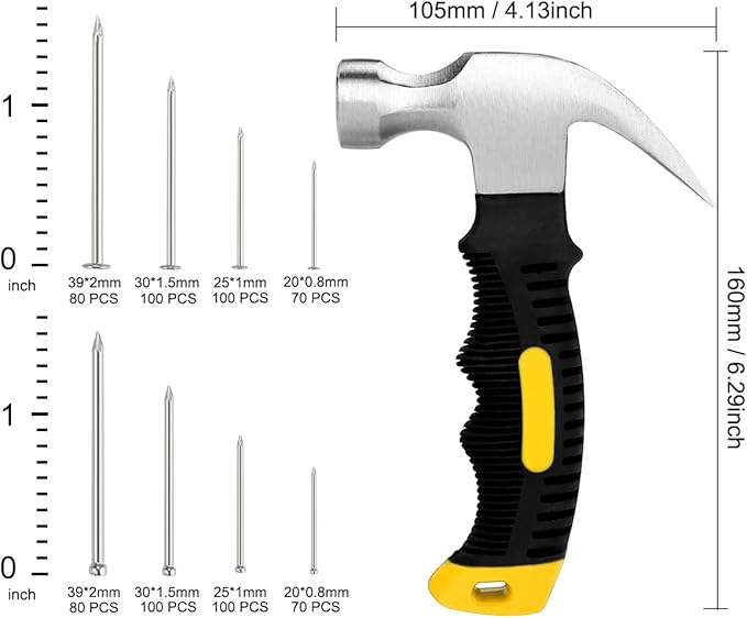 KURUI 700PCs Nails Assortment Kit & 8oz Hammer, Small Hammer for Hanging Wall Art Decor, Picture Frame, 350 Roofing/Wall Nails & 350 Finishing Nail