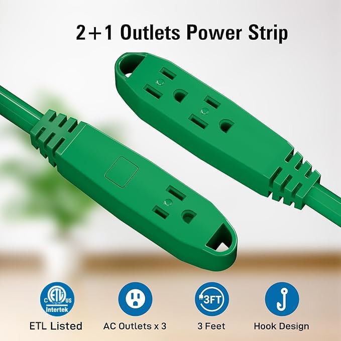 K KASONIC - 25-Feet 3 Outlet Extension Cord, UL Listed, 16/3 SJTW 3-Wire Grounded, 13 Amp 125 V 1625 Watts, Multi-Outlet Indoor/Outdoor Use, Green