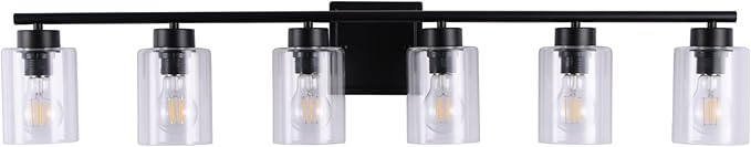 6 Light Bathroom Light Fixtures, 40 Inches Bathroom Lighting Fixtures Over Mirror, Black Vanity Light with Clear Glass Shades