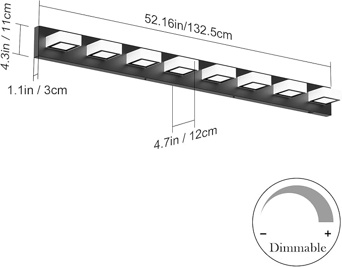 Ralbay 52inch Black Vanity Lights 8 Lights Dimmable 5 Color Temperature Acrylic Modern LED Bathroom Vanity Lighting Fixtures Matte Black