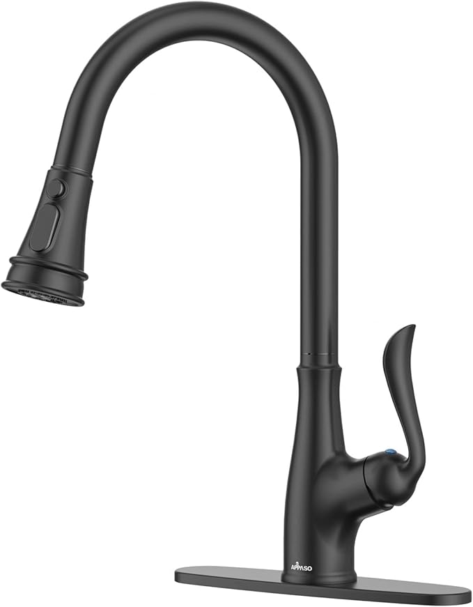 APPASO Matte Black Kitchen Faucet with Pull Down Sprayer, High Arc Single Handle with 3 Modes Spray Head, Neoperl Aerator, cUPC-Certified Pull-Out Hose, Water Supply Tubing & Valve