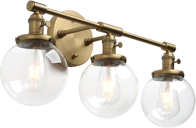 Phansthy 3-Light Wall Sconces Antique Brass Vanity Light, Industrial Wall Lamps with On Off Switch and Clear Glass Lampshade, Vintage Wall Lighting for Bathroom Living Room (Antique, Globe Shade)
