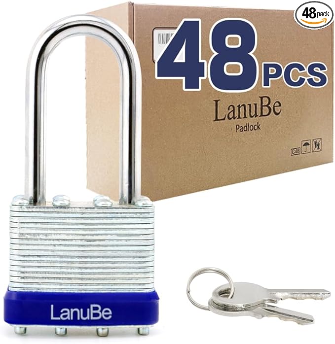 LanuBe Laminated Padlock 1-9/16inch (40mm) Long Shackle 48 Pack Keyed Alike, Blue Plastic Hoop, Bulk Locks for Warehouse, School