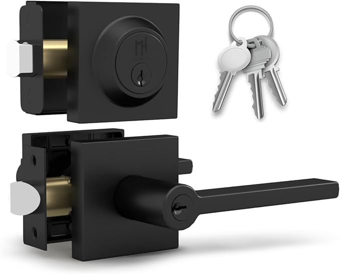 Mega Handles Prime Entrance Combo, Entry Lever Door Handle and Single Cylinder Deadbolt Lock and Key Combo Pack, Heavy Duty Square Locking Door Levers Set for Left or Right-Handed Doors - Matte Black