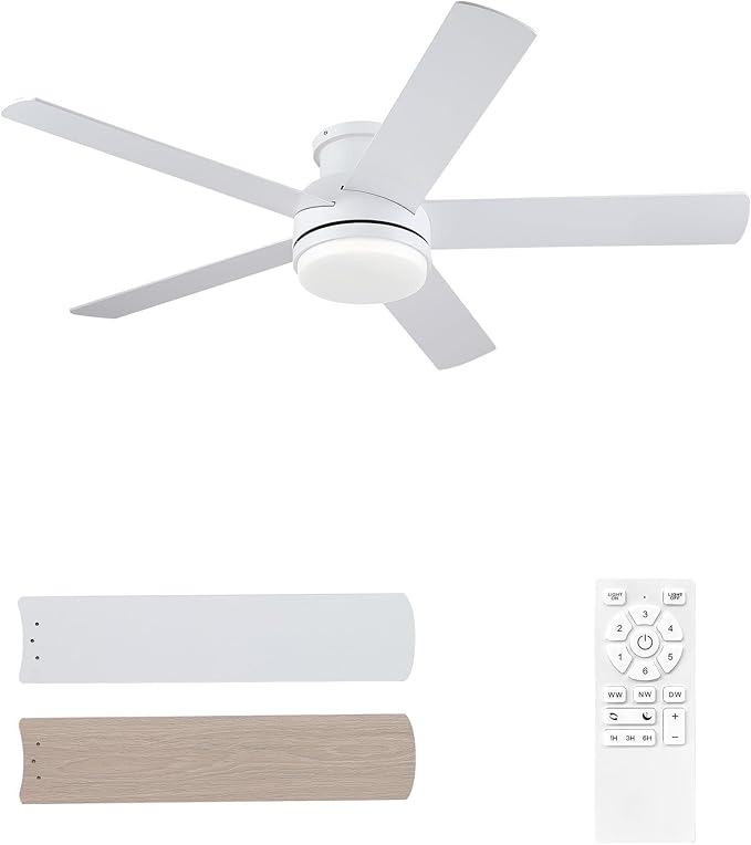 52 Inch White Ceiling Fan With Lights Flush Mount Dimmable 3 Color Temperatures LED Remote Control 6 Speed Reversible DC Motor 5 Blades Modern Ceiling Fan Design for Indoor or Covered Outdoor
