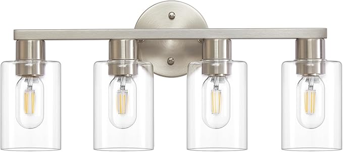 4 Light Bathroom Vanity Light, Brushed Nickel 4-Light Bathroom Light Fixtures, Vanity Lights for Make-Up Mirror, Modern Lighting Fixtures with Clear Glass Shade for Bedroom Living Room
