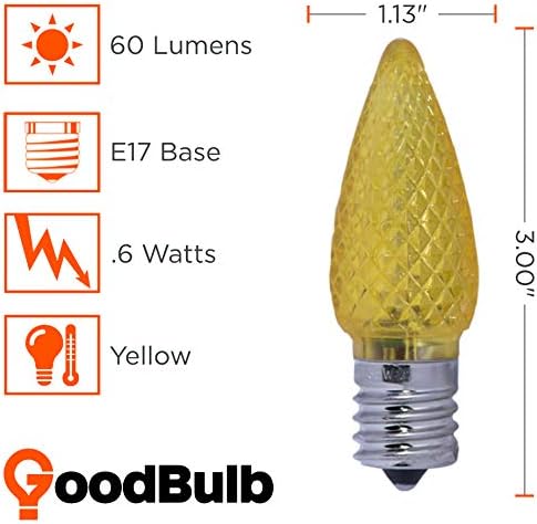 GoodBulb C9 Yellow Diamond Faceted Holiday Light Bulbs 0.6W Yellow LED Light Bulb Intermediate E17 Base 60 Lumens Christmas Lights Bulbs Ideal for Holiday Decorations Pack of 25 Bulbs