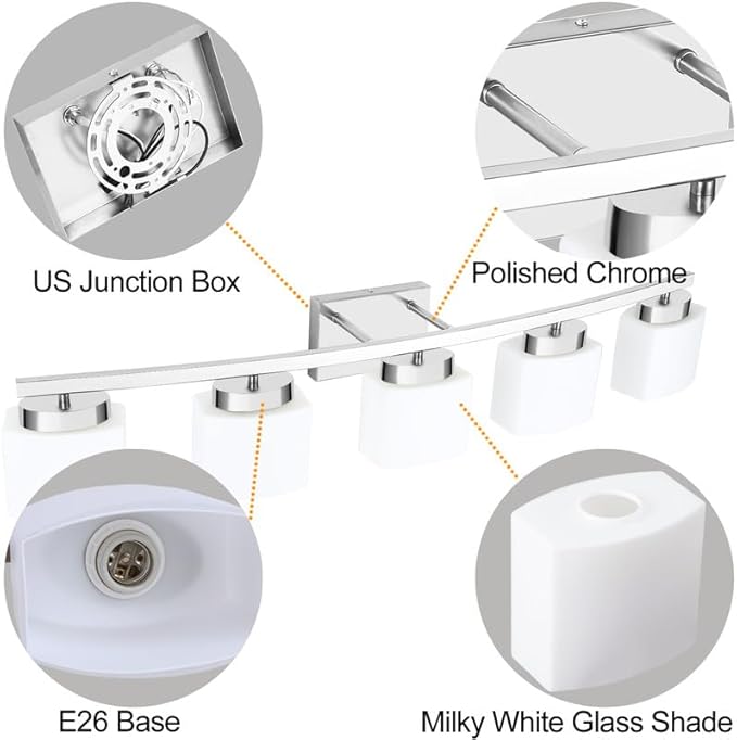 5-Light Modern Chrome Vanity Light Fixture with White Glass Shade for Bathroom Over Mirror, 40 Inches