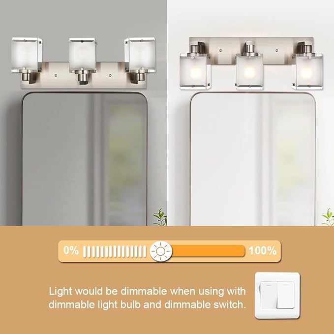 Modern 3-Lights Brushed Nickel Vanity Lights, Bathroom Light Fixture Over Mirror Wall Lighting Sconces with Frosted Glass Shades, E26 Bulb Base