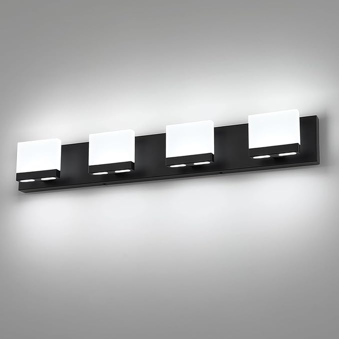 SineRise LED Modern Bathroom Vanity Light Fixtures (4-Light, 30-Inch,6000K), Matte Black Modern Acrylic Bathroom Wall Lighting Fixtures Over Mirror