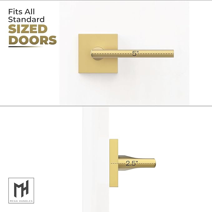 Mega Handles Prime Dummy Door Handles - 4 Pack Heavy Duty Gold Door Handle, Non-Turning Door Handle for Hallway, Closet & French Doors, Single Side, Fits All Standard Doors - Satin Brass