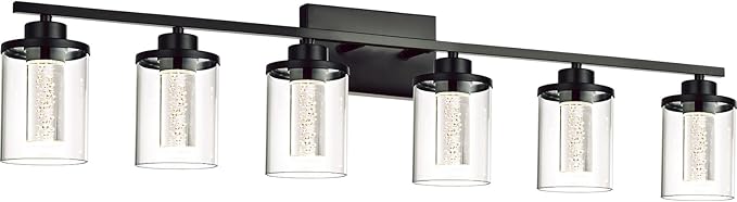 6-Light Bathroom Vanity Lights Over Mirror,Black Bathroom Led Vanity Light,Wall Sconce Light Fixtures with 5CCT6 Dimmable LED&Clear Glass Shade for Bedroom,Living Room,Cabinet Wall Lamp