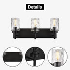 BONLICHT Vanity Light Fixtures 3 Light Modern Wall Sconces Lighting Black Bathroom Lights Wall Mounted with Hammered Glass Shade,Farmhouse Wall Light for Mirror Cabinets, Powder Room, Dressing Table