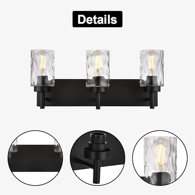 BONLICHT Vanity Light Fixtures 3 Light Modern Wall Sconces Lighting Black Bathroom Lights Wall Mounted with Hammered Glass Shade,Farmhouse Wall Light for Mirror Cabinets, Powder Room, Dressing Table