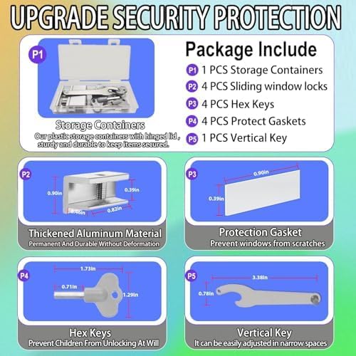 [4 Sets] Sliding Window Lock with Key Aluminum Alloy Adjustable Security Lock (Silver) Single Hole Quick Installation Anti-Theft and Anti-Theft Suitable for Vertical/Horizontal Windows