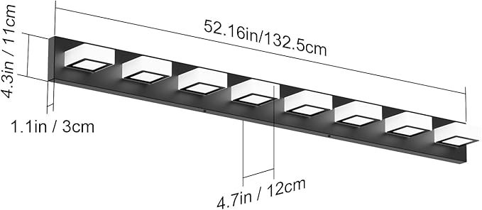 Ralbay 52inch Black Vanity Lights Fixtures 8 Lights LED Modern LED Acrylic Matte Black Vanity Lights Modern Black Bathroom Wall Lighting Over Mirror