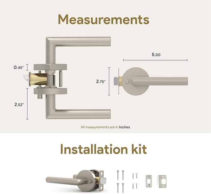 Mega Handles Ronn Privacy Door Handle - 2 Pack Reversible Brushed Nickel Door Handles, Heavy Duty Bed & Bath Door Handles with Privacy Door Lock, Fits All Standard Doors - Satin Nickel