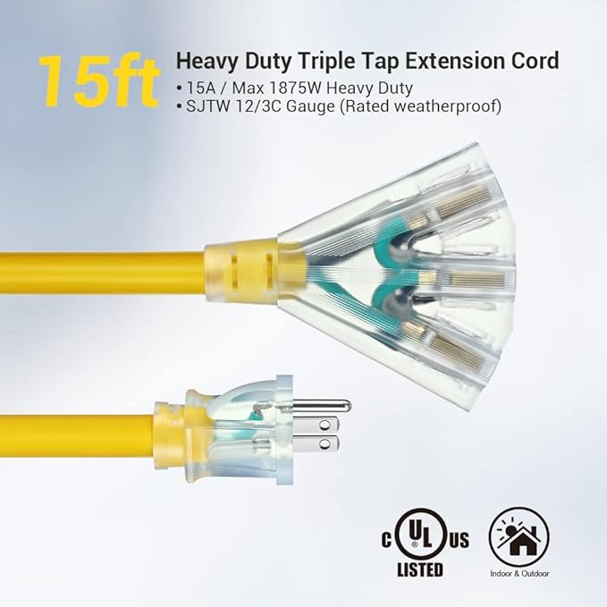 DEWENWILS 15 FT 12/3 Gauge Extension Cord Outdoor Tri-Tap Extension Cord Splitter, Heavy Duty Power Cable SJTW 15 Amp for Multiple Appliances, LED Lighted Plug, ETL Listed