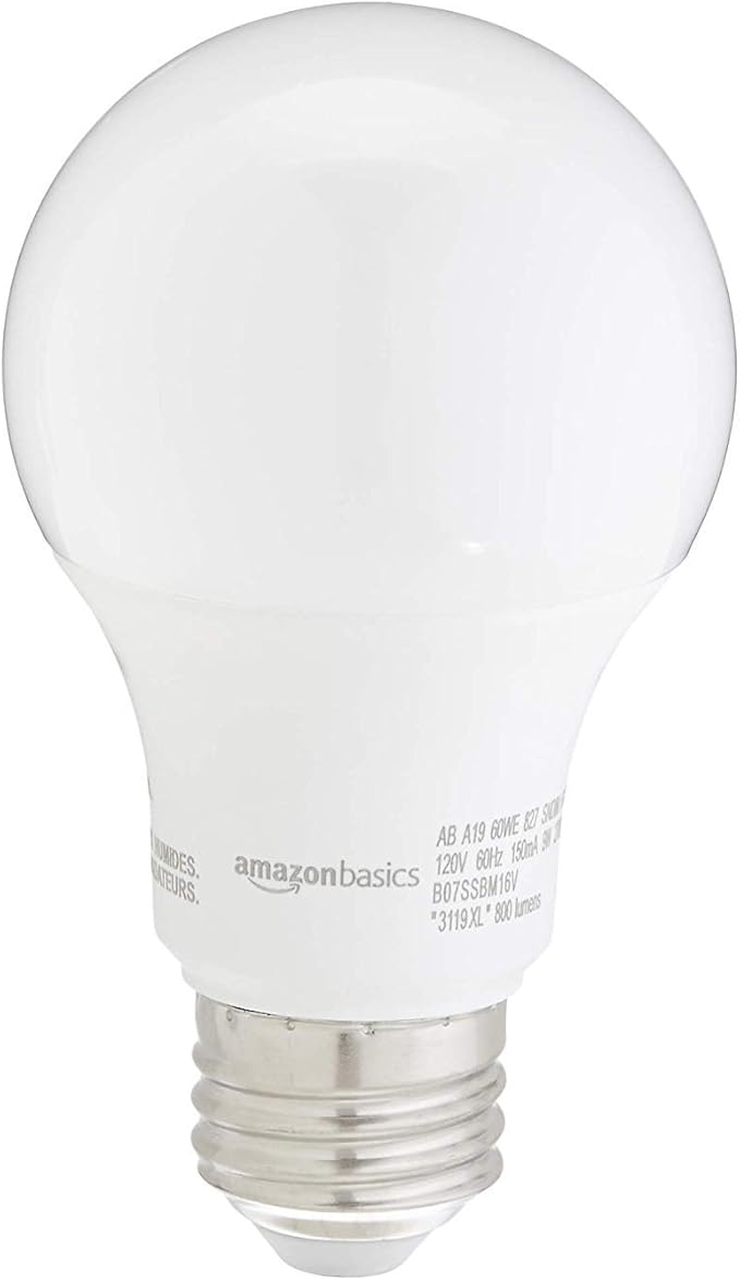 Amazon Basics A19 LED Light Bulb, 60 Watt Equivalent, Energy Efficient 9W, E26 Standard Base, Soft White 2700K, Non-Dimmable, 10,000 Hour Lifetime, 24-Pack