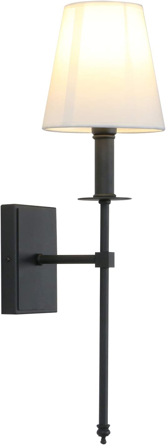 PERMO Single Classic Rustic Wall Sconce Lighting Fixture with Flared White Textile Lamp Shade and Black Tapered Column Stand, Hardwired, E26 Base