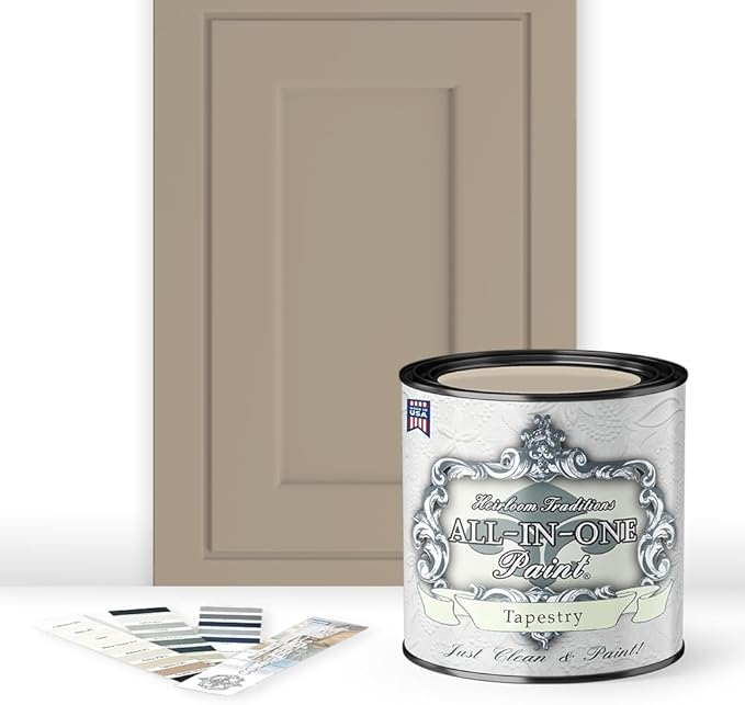 ALL-IN-ONE Paint, Durable cabinet and furniture paint. Built in primer and top coat, no sanding needed. Includes our 30 featured color card - Tapestry (khaki brown), Quart