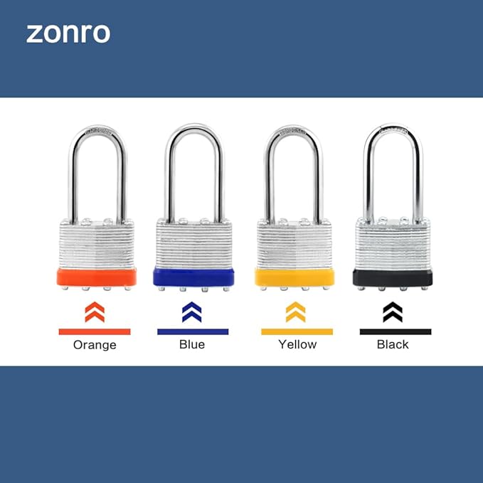 ZonRo Locks Laminated Steel Keyed Padlocks,Keyed Alike Locks, 1-9/16 inch Wide,Long Shackle Padlocks, Pack of 6，Orange Hoop, for Hasp Latch, Sheds, Fences, Storage Locker, School, Gym