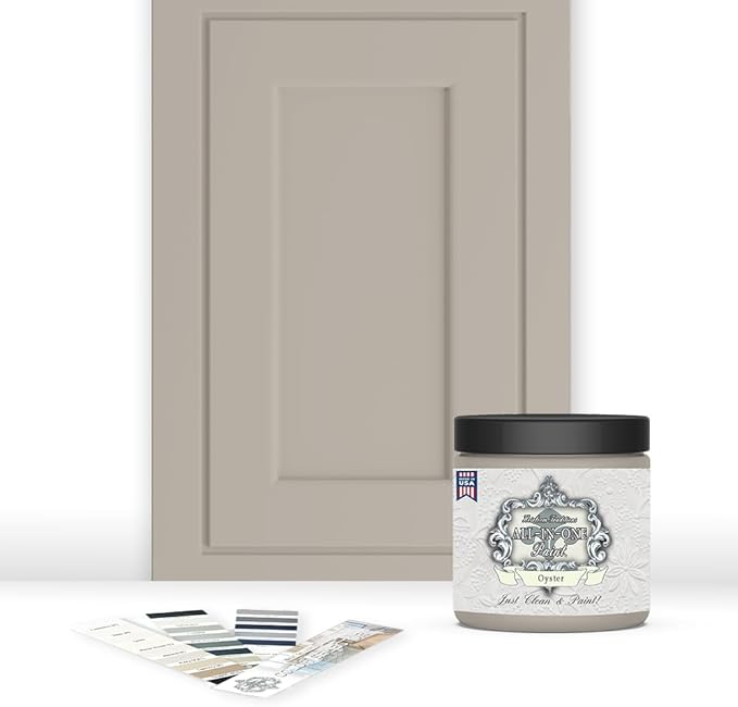 ALL-IN-ONE Paint, Durable cabinet and furniture paint. Built in primer and top coat, no sanding needed. Includes our 30 featured color card - Oyster (taupe), 8oz Sample